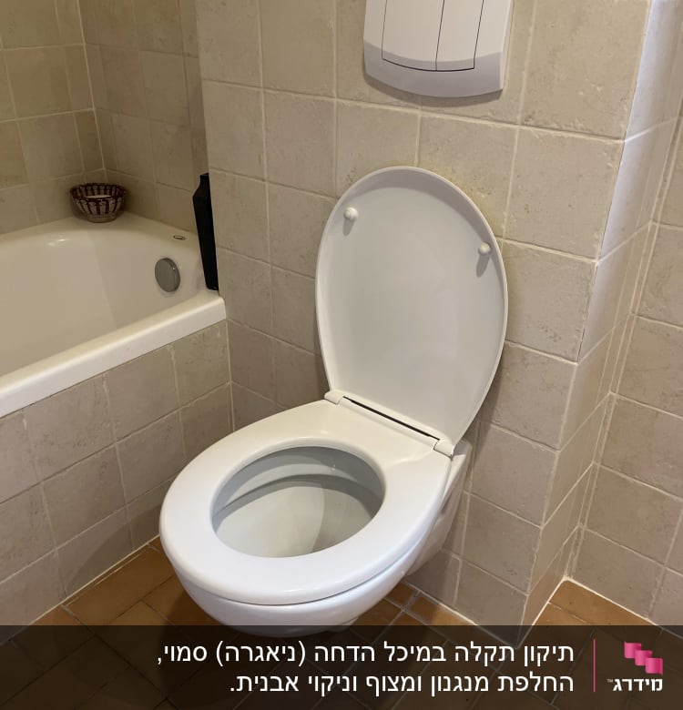 אסלה תלויה עם לחצן הדחה על קיר אריחים
